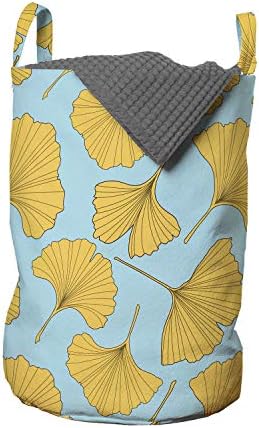 Чанта за дрехи Ambesonne Leaves, в два цвята модел под формата на Ботаническата градина с Цветни венчелистчета и от листата на гинко, Кошница за дрехи с дръжки, заключващи на шнур, за пране, 13 x 19, Бледо синьо с горчица