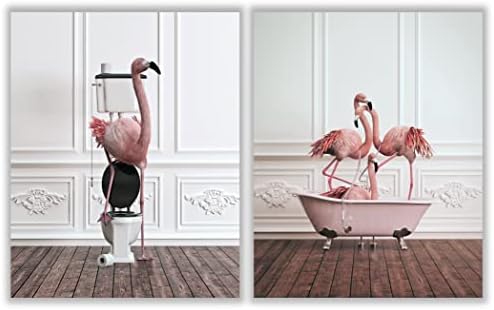 Забавна рисунка на стената с фламинго в банята – Комплект от 2 елементи без рамки (12x16 инча) – Декор в розов цвят с фламинго, Декорация на стените в банята с Декор на детска баня, Плакати с изображения на животни,