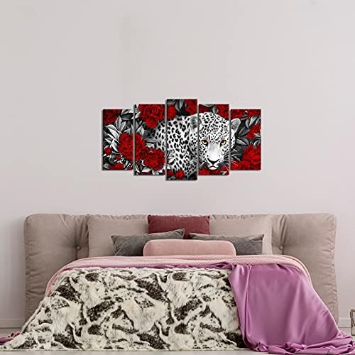 Kalormore Wildlife Animal Платно Монтиране на изкуството на Черно-бял Леопард в цветове Червен божур Фото Галерия Увит работи, готови да бъде обесен за декориране на Дневната Спалня (60LX32H)