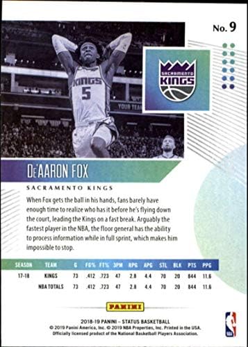 2018-19 Статут на Панини 9 Търговска картичка баскетболист в НБА De Аарон Фокс Сакраменто Кингс 2018-19