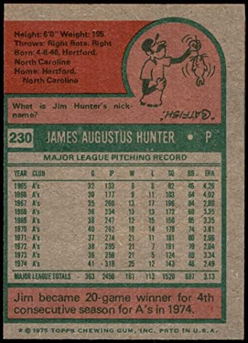 1975 Topps 230 Сом Хънтър Оукланд Атлетикс (Бейзболна картичка) EX/MT Athletics