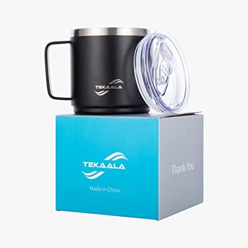 Кафеена чаша TEKAALA от неръждаема стомана могат да се мият в съдомиялна машина, 14 грама С двойно вакуумна изолация, Трайно Черно прахово покритие ТОЧКИ, Термокружка за пътуване с капак и дръжка